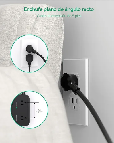 Vista 4 de Regleta protectora contra sobretensiones, enchufe plano, montaje en pared, 8 tomas anchas con 4 puertos USB (2 USB C), cable de extensión resistente