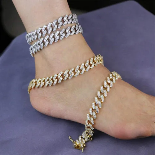 Vista 3 de Pulsera tobillera de eslabones cubanos para mujeres, hombres, adolescentes y niñas, hip-hop chapada en oro de 18 quilatesoro blanco con diamantes