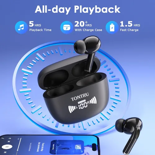 Vista 6 de Auriculares inalámbricos, auriculares Bluetooth 5.3 con reducción de ruido ENC/ANC, pantalla LED de potencia, control táctil, resistentes al agua