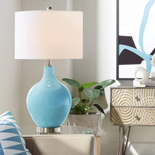 Vista 4 de Color + Plus Lámpara de mesa moderna de 28.5 pulgadas de alto, cristal azul Mónaco OVO blanco con pantalla de tambor de lino para sala de estar