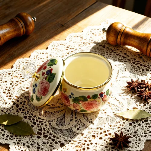 Vista 3 de Azucarero esmaltado floral dorado étnico tarro de condimento vintage para té, caja de especias, caja de almacenamiento retro para café, caramelo