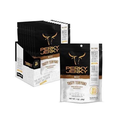 Vista 9 de Perky Jerky Carne seca original 100% alimentada con pasto, 1 onza (paquete de 12), sin antibióticos, 0.35 onzas de proteína por porción, baja