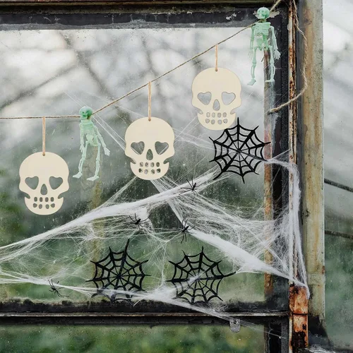 Vista 5 de 30 piezas de mini calaveras de madera para manualidades, recortes de 2 pulgadas, en forma de calavera de madera en blanco con cordeles de yute