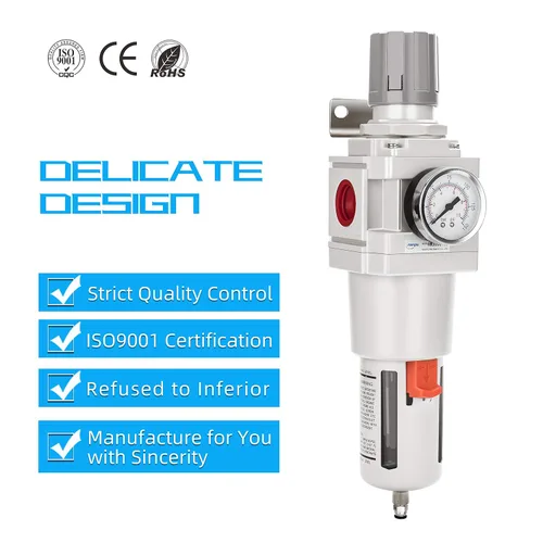 Vista 6 de 1" NPT Filtro de aire comprimido regulador combinado tipo piggyback, elemento de latón de 5 micrones, cuenco de policarbonato, desagüe