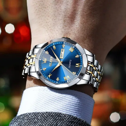 Vista 7 de OLEVS Reloj para hombre con diamantes de imitación, analógico, de cuarzo, acero inoxidable, impermeable, luminoso, fecha, dos tonos, de lujo