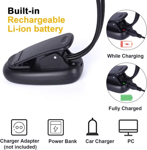 Vista 3 de Lámpara recargable con soporte para música, luz de lectura con clip, lámpara de libro de 8 LED, 3 niveles de brillo para protección ocular, perfecta