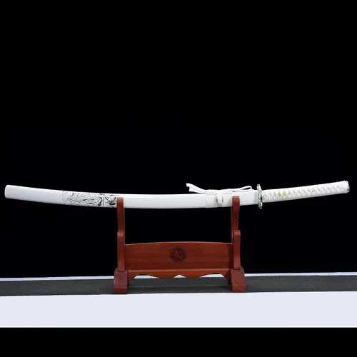 Vista 2 de Espada katana blanca de 40 pulgadas, espadas japonesas afiladas, espada de espiga completa para exhibición, hoja de acero al carbono