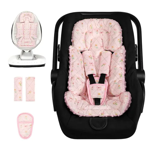 Vista 8 de Inserto de asiento de automóvil infantil con 3 fundas de correa, soporte de cabeza de asiento de automóvil suave para niñas bebés, tela de felpa