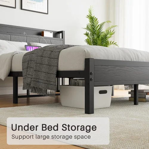 Vista 8 de BOFENG Base de cama Queen con cabecero, base de cama tapizada de metal con estación de carga, marco de cama tamaño Queen con almacenamiento,