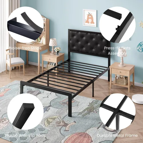 Vista 6 de SHA CERLIN Base de cama de plataforma tamaño individual con estructura de metal, cabecero tapizado de cuero PU con botones, base de colchón con 31.5