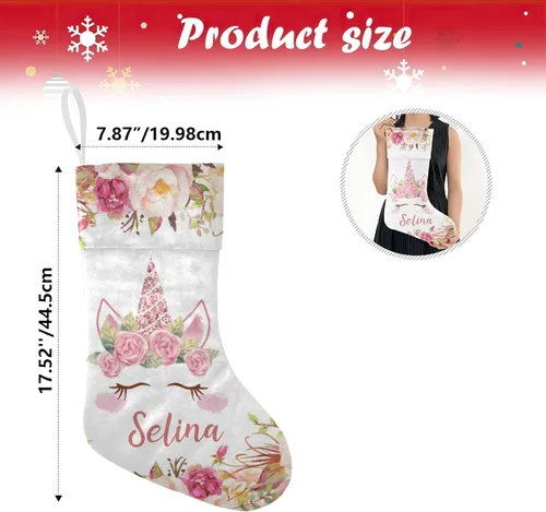 Vista 5 de Calcetines de Navidad personalizados con diseño de unicornio y flores con nombre, medias de Navidad personalizadas para decoración de fiestas