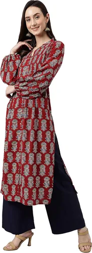 Vista 5 de Janasya Kurta acampanada de algodón granate, con estampado floral, para mujer india