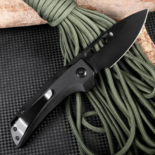 Vista 4 de KEENSUN Cuchillo plegable de bolsillo con mango G10 negro y hoja D2: cuchillo táctico, cuchillo de caza, cuchillo EDC. Cuchillos de apertura