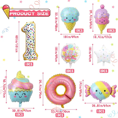 Vista 2 de 10 globos de helado, globos de papel de aluminio Mylar con número de dona de caramelo, temática de helado, suministros de fiesta de primer cumpleaños