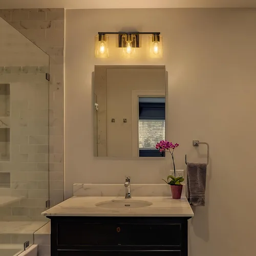 Vista 5 de WILON Lámpara de tocador de baño, 3 luces de tocador modernas de color negro claro con apliques de pared de vidrio transparente con vidrio