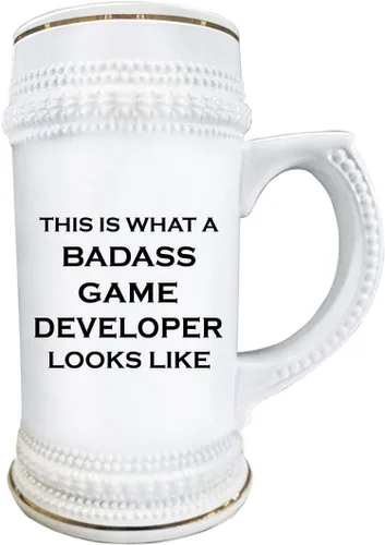Vista 2 de Idea de regalo para desarrollador de juegos Badass Diseñador Taza de cerveza Stein de 22 oz de cerámica Novedad Drinkware - Lo que parece - Diseño