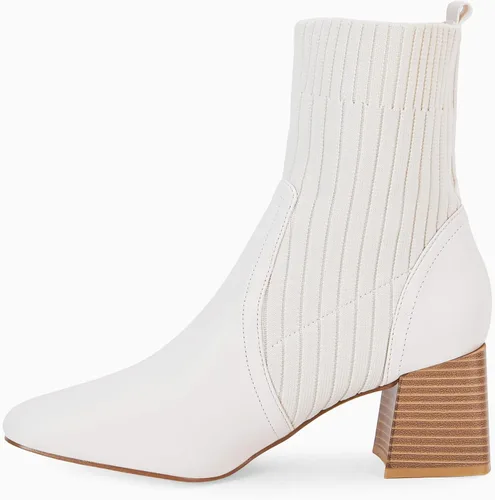 Vista 3 de Coutgo Botines de tacón grueso para mujer, puntera cuadrada, sin cordones, botas Chelsea elásticas, Blanco