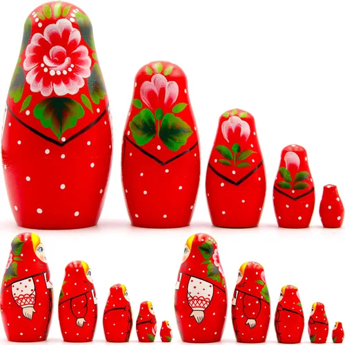 Vista 2 de AEVVV Juego de 5 muñecas de anidación rusas, muñecas Matryoshka con sarafan ruso rojo tradicional, muñecas Babushka, muñeca anidadora de madera
