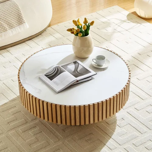 Vista 43 de Mesa de centro redonda de madera de 31.49 pulgadas con almacenamiento, mesa de centro circular acanalada de 2 niveles con tapa y estante para sala