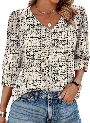 Vista 10 de XIEERDUO - Blusas de manga 3/4 para mujer, cuello en V, con botones, estilo A-blanco