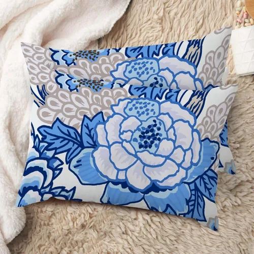 Vista 74 de Juego de 2 almohadas coloridas de estilo chinoiserie, color rosa intenso, azul real, peonía, floral, blanco, lino, estilo chinoiserie, para sofá