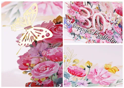 Vista 3 de PENTA ANGEL Tarjeta de felicitación de feliz cumpleaños 30 con diseño de flores 3D, regalo de cumpleaños de 30 años con sobre en blanco para su