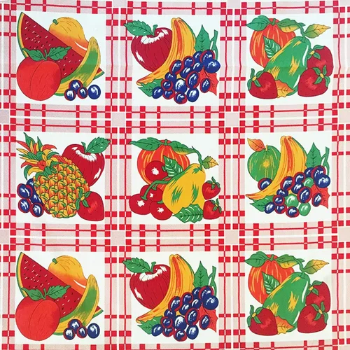 Vista 2 de Zen Creative Designs Paquete de mantel rectangular de algodón con fondo blanco a cuadros con frutas y superposición, perfecto para eventos