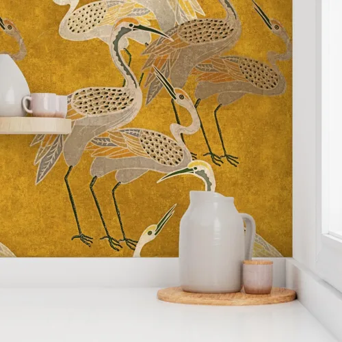 Vista 8 de Spoonflower Papel tapiz para despegar y pegar - Grúas Art Deco Golden Birds Gold Oriental Texture Silver Papel pintado extraíble personalizado