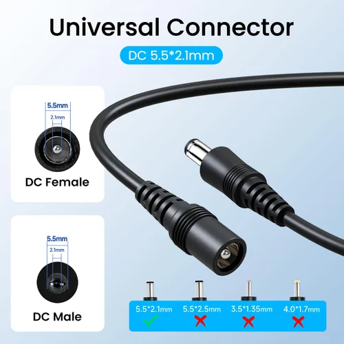 Vista 2 de Paquete de 2 cables de extensión de cobre puro de CC de 3 pies/3.3 ft, universal de 0.217 in x 0.083 in, enchufe hembra a macho, cable de 12 V