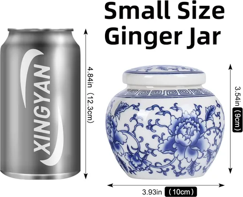 Vista 2 de XINGYAN Tarro de jengibre pequeño de cerámica de porcelana china tradicional azul y blanca con tapa, para almacenamiento de té, decoración