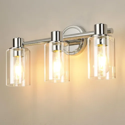 Vista 10 de Apliques de Pared de Baño de 2 Luces con Cristal Transparente, Luces de Pared de Baño Sobre Espejo, Luces de Tocador Cromadas con Base E26