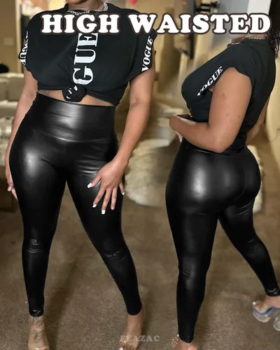 Vista 2 de Leggings elásticos de piel sintética para mujer, mallas sexis de piel sintética de cintura alta, mallas elásticas para moldear la cadera, *Clásico