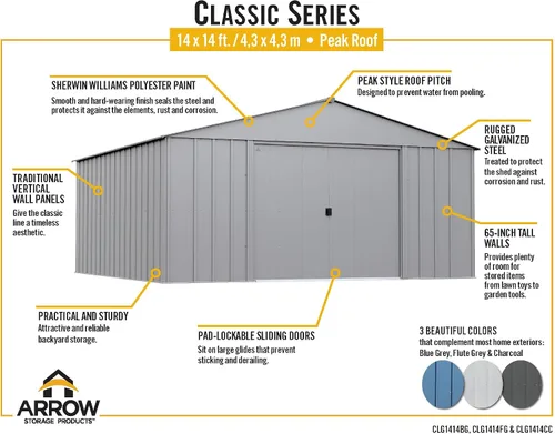 Vista 8 de Arrow Classic Cobertizo de metal, 14 x 14, gris flauta