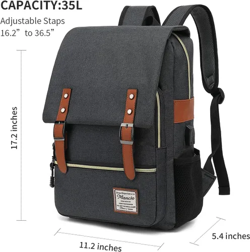 Vista 5 de Mancio Mochila vintage delgada para laptop para mujeres y hombres, bolsa universitaria de negocios resistente a desgarros con puerto de carga USB