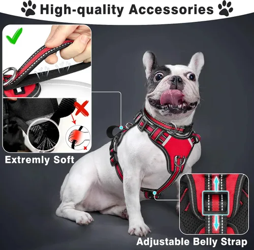 Vista 2 de WINSEE - Juego de arnés, collar y correa para mascotas, todo en uno, arnés reflectante para perros sin tirones con hebillas ajustables para Rojo