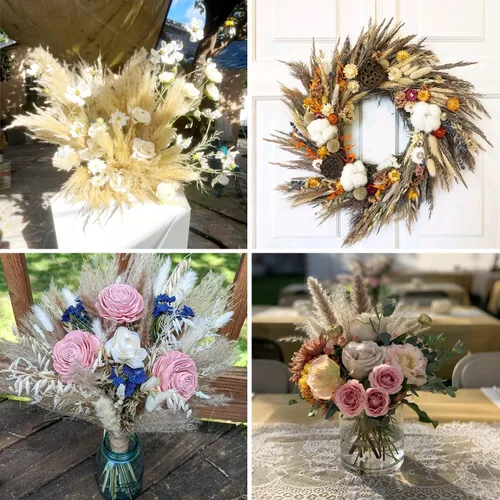 Vista 7 de 110 piezas de decoración de hierba seca de las pampas, pompas secas naturalmente, colas de conejo secas, flores secas con eucalipto seco, decoración