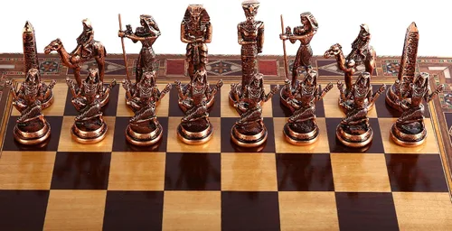 Vista 3 de Figuras de cobre antiguo del faraón egipcio, juego de ajedrez de metal para adultos, piezas hechas a mano y tablero de ajedrez de madera maciza