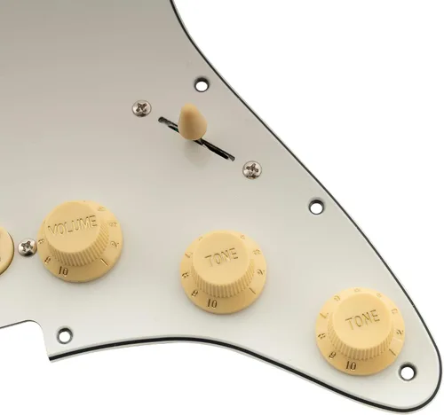 Vista 7 de Musiclily Golpeador ST-SSS básico precableado con mini riel de cerámica Humbucker para guitarra eléctrica Strat Style, 3 capas blanco envejecido