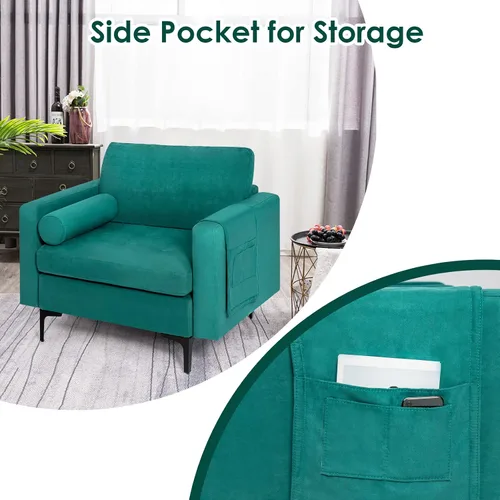 Vista 6 de KOMFOTT Sofá individual con refuerzo, moderna silla decorativa con reposabrazos, soporte para revistas, asiento de gran tamaño, cojín cómodo, sillón