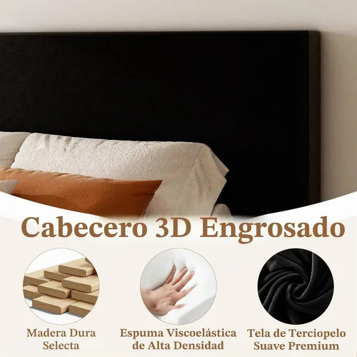 Vista 3 de Base de cama de plataforma tamaño Queen con cabecero, cama de terciopelo con listones de madera, base de colchón resistente, opción de somier, sin
