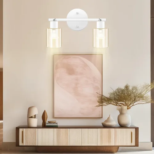 Vista 7 de BoostArea Lámparas de baño de 2 luces, modernas luces blancas de pared con pantalla de vidrio transparente, luz de techo flexible para espejo