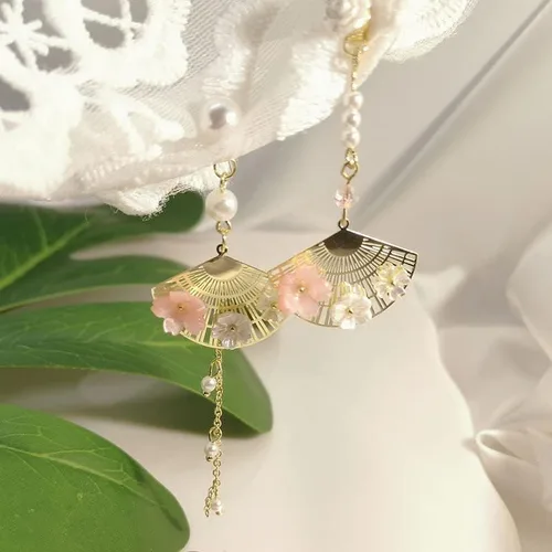 Vista 5 de Pendientes de hoja de Sakura con perlas rosadas Ginkgo Biloba Cat Fairy Flower Statement Pendientes para mujer
