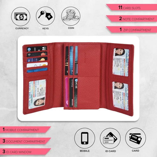 Vista 3 de Cartera de piel auténtica para mujer con bloqueo RFID, tarjetero triple para mujer, con ventana de identificación
