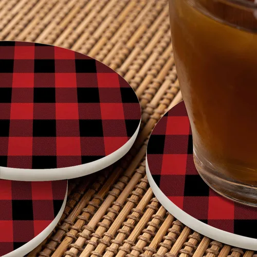 Vista 6 de Juego de 2 posavasos con diseño de cuadros para bebidas, diseño clásico de búfalo negro y rojo, protección de mesa de cocina y mesa auxiliar, juego