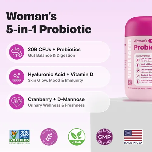 Vista 2 de Probiótico para mujeres 20 mil millones de CFU – Apoyo diario 5-en-1 para la salud digestiva, vaginal y urinaria – con arándano, D-manosa