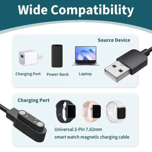 Vista 6 de Paquete de 2 cables de carga magnéticos para reloj inteligente, 2 pines de 0.30 in, cable de carga de repuesto USB compatible con reloj inteligente