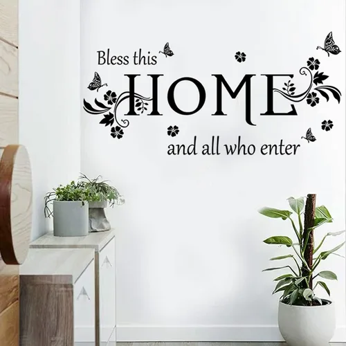 Vista 4 de Adhesivo de pared de vinilo negro con texto en inglés "Bless This Home and All Who Enter Bless This Home and All Who Inter", calcomanías de pared