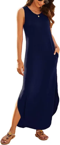 Vista 2 de Hount Vestido de verano casual sin mangas para mujer, largo, dividido, maxi con bolsillos