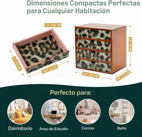 Vista 2 de Organizador de escritorio de madera con estampado de leopardo clásico - Almacenamiento de escritorio de 4 cajones - Gabinete de madera rústico