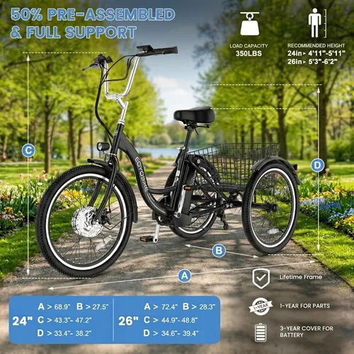 Vista 4 de MOONCOOL Triciclo Eléctrico para Adultos 350W/500W 36V/48V Batería Extraíble 20/24/26 Pulgadas 7 Velocidades 3 Ruedas Bicicletas Eléctricas
